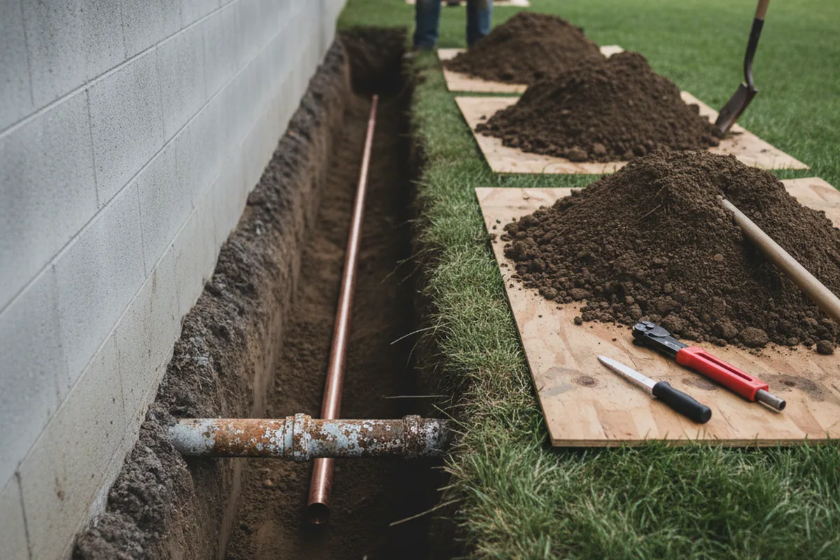 Excavated water line trench during Water Softener Installation in Conklin